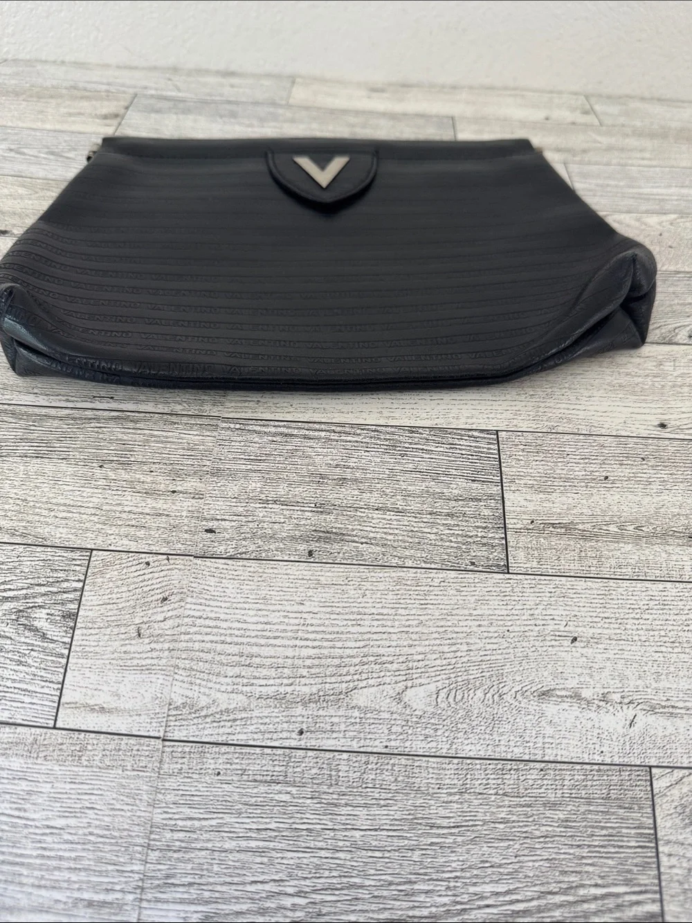 Vintage Mario Valentino Black Leather Logo Embossed Clutch